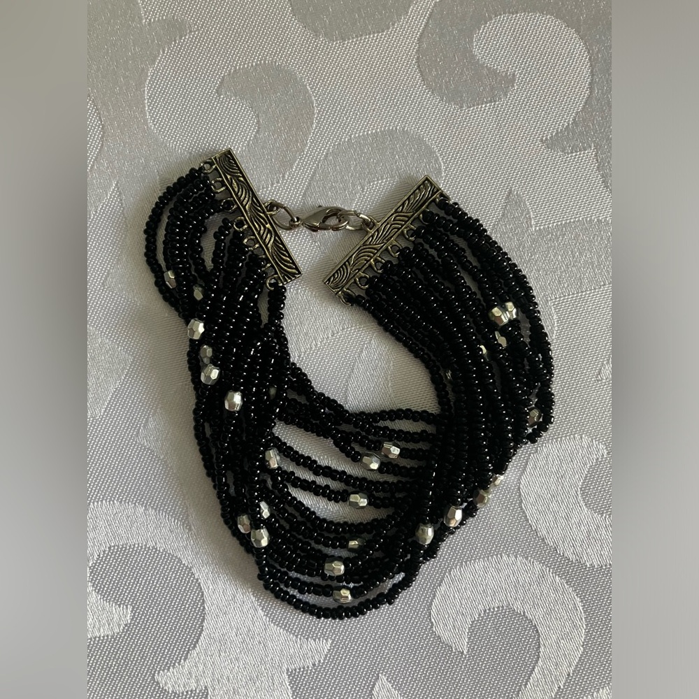 Black beads multi-strand bracelet with small grey beads, lobster claw closure